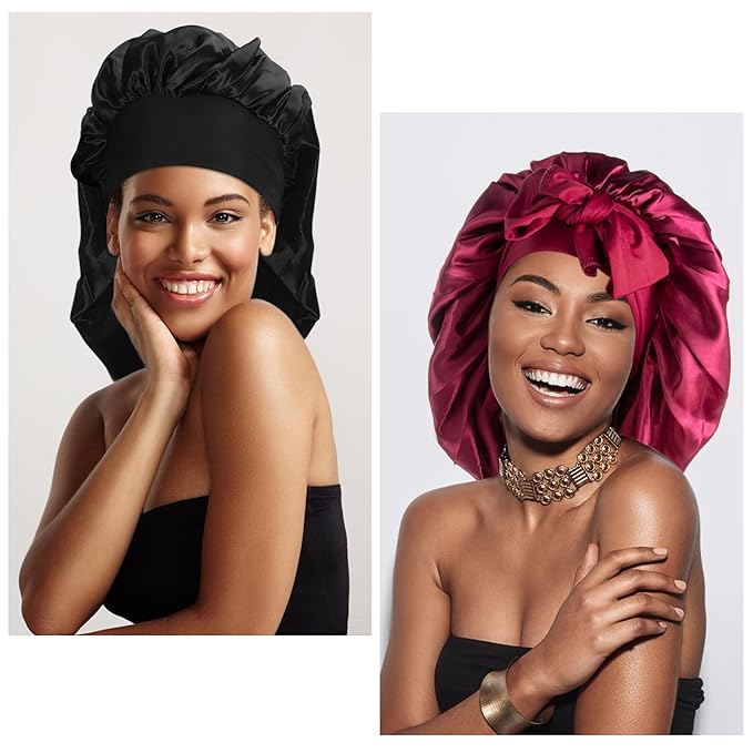 Arqumi Pack of 2 Satin Sleeping Bonnet, Large Sleep Bonnet with Elastic Long Strap, Adjustable Sleep Cap Hair Bonnet for Women & Men,Black+Red