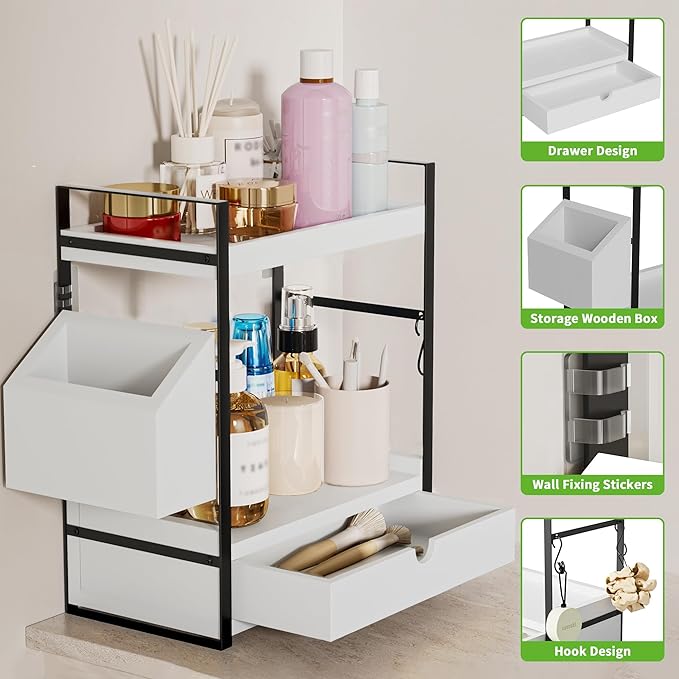 Kottwca Bathroom Counter Organizer with Drawer, 2-Tier Wood Countertop Organizer for Storage, Vanity Skincare Organizers, Bathroom Sink Shelf for Organization(White)