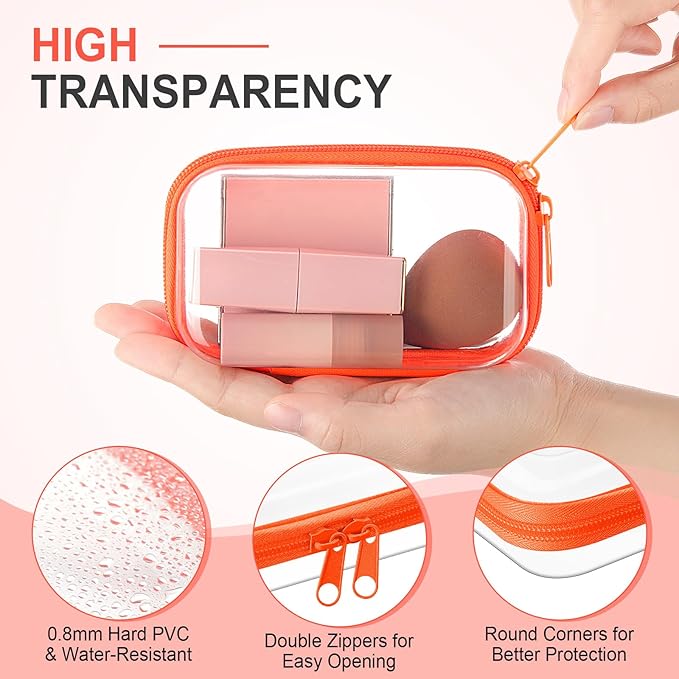 Hoolerry 4 Pcs Hard Clear Zipper Case Makeup Bags Plastic Zipper Pouch Transparent Storage Box Containers for Cosmetics, Snacks, Building Blocks, Puzzles(Clear,5 x 3 x 2 in,Fluorescent)