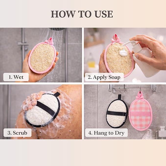 CraftsOfEgypt 4-Pack Natural Egyptian Loofah Exfoliating Body Scrubber Sponges for Men and Women, Bath Shower Loofahs for Face Back & Body, Individual Loofahs for Couples – 2 for Men, 2 for Women