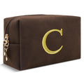 Personalized Initial Makeup Bag,Preppy Suede Cosmetic Bag for Teen Girls,Small Monogram Travel Toiletry Bag With Gold Embroidered Letter,Trendy Stuff Custom Christmas Gift for Women(Coffee-C)