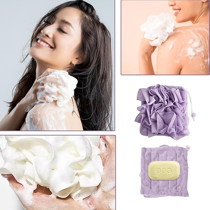 2 PCS Soap Bar Loofah, 2 in 1 Loofah Washcloth Combo, Bath Sponge with Drawstring, That Holds Bar Soap, for Cleansing and Smooth Skin (Beige, Purple)