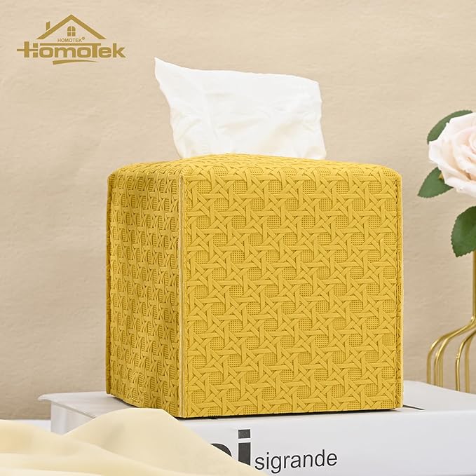 HOMOTEK 2 Pack Tissue Box Cover, Square PU Leather Tissue Holder, Decorative Facial Tissue Cube Paper Organizer Dispenser for Bathroom, Night Stands, Desk, Car 5X5X5'' - Rattan Weave,Mango Yellow