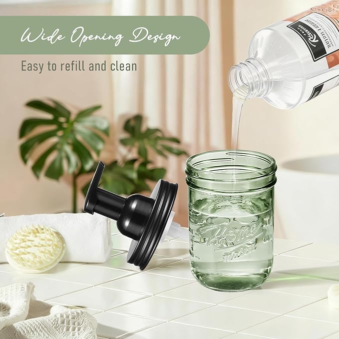 SheeChung Mason Jar Foaming Soap Dispenser, Stainless Steel Lid, BPA Free Pump, Green Glass Foam Hand Soap Dispenser, 16 Oz Refillable Liquid Foam Dispenser Bottle for Bathroom Kitchen-Black, 2 Pack