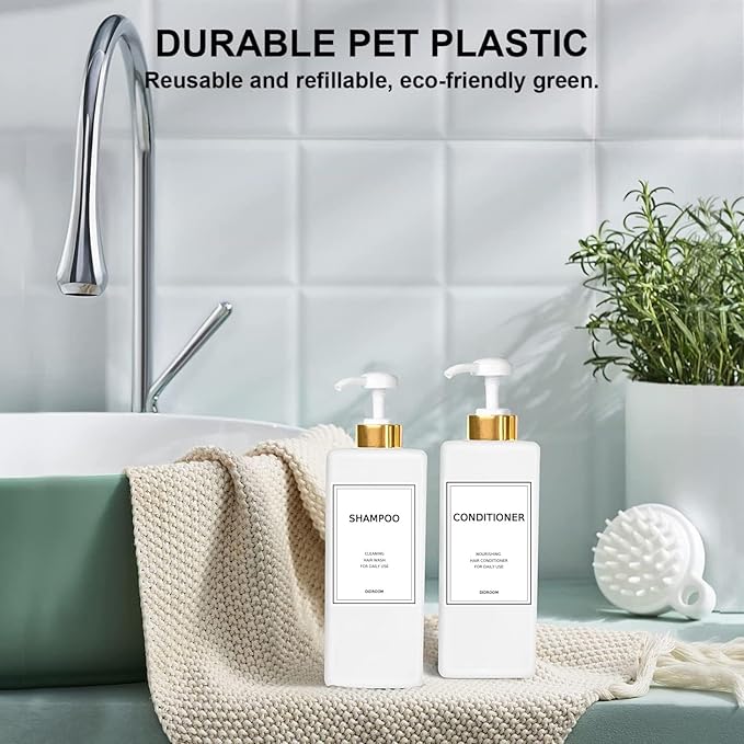 Modern Gold Shampoo and Conditioner Dispenser (21 oz, Pack of 3) Refillable Pump Bottle Set Empty Shower Plastic Bottles with Pump for Bathroom Body Wash Soap and Shower, 3 Types Waterproof Labels