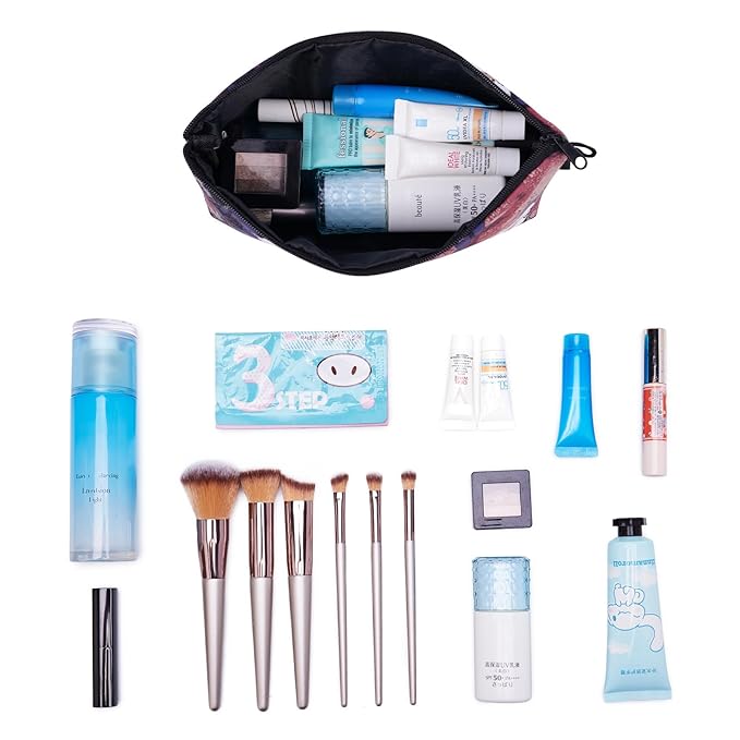 WANDF Cosmetic Bag for Women Makeup bag Organizer Mini Makeup Pouch for Purse Water Resistant Girls Gift (Blue Flower)