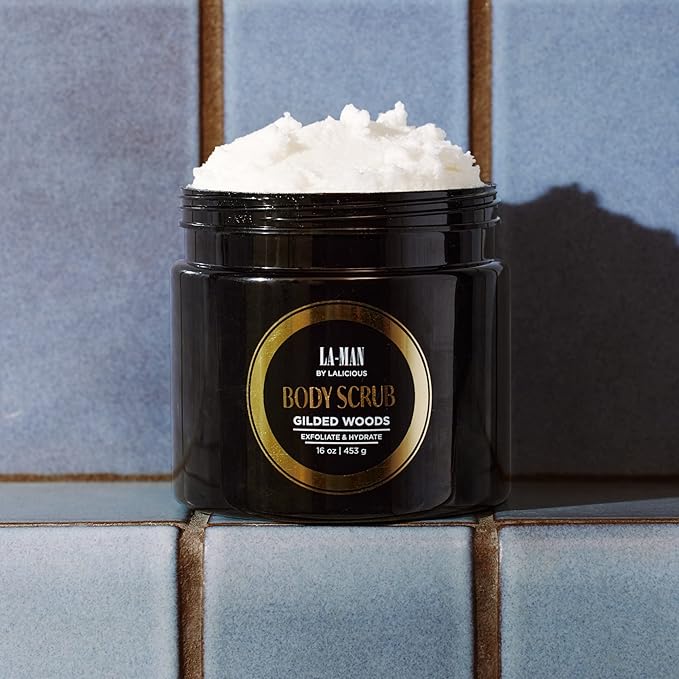 LALICIOUS Gilded Woods La-Man Body Scrub - Exfoliating Sugar Scrub for Men - Body Exfoliator Scrub for Dead Skin & Optimal Hydration - Pure Cane Sugar + Coconut Body Scrub 16oz