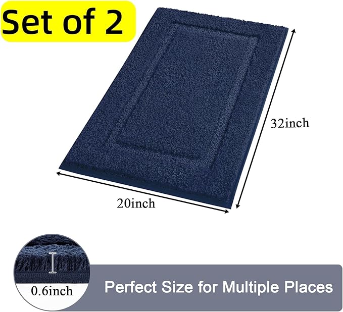 SHACOS Super Soft Bathroom Rugs Set of 2 Pieces 32x20 inch Microfiber Bath Rugs Non Slip Washable Bath Mats Absorbent Bathroom Mats for Shower Tub Vanity, Navy Blue