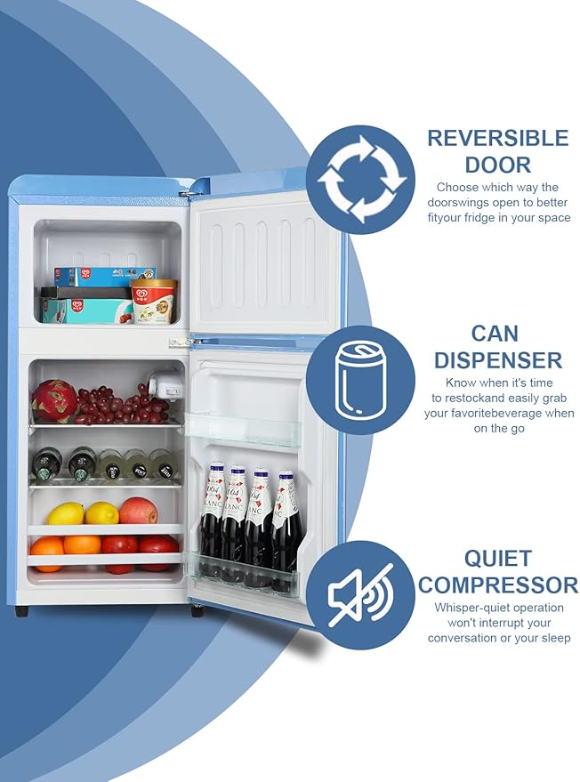 Mini Fridge Compact Refrigerator Small Refrigerator 7 Level Adjustable Thermostat Removable Shelves with Stainless Steel 2 door for Office Dorm Apartment 3.5 Cu.Ft Blue