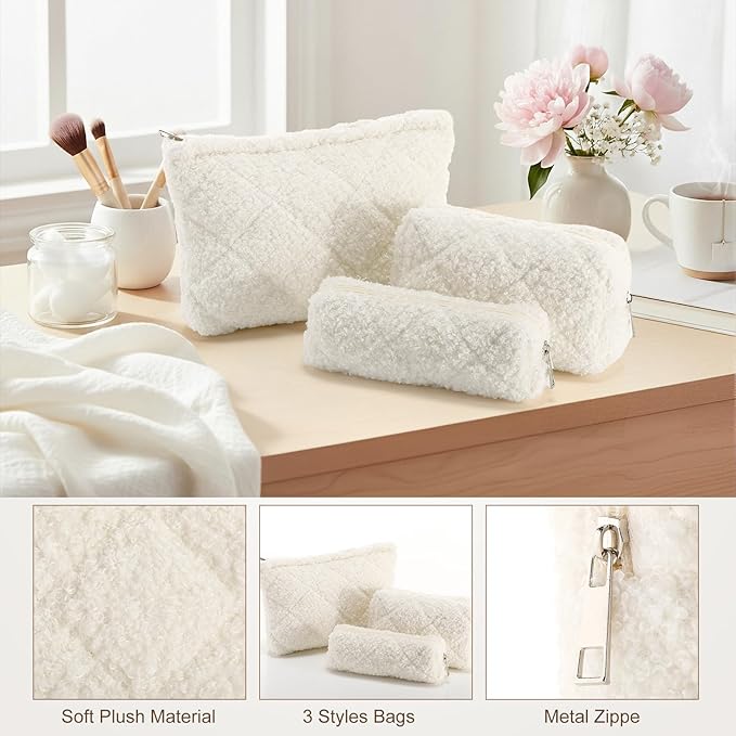Paterr 3 Pcs Quilted Makeup Bag Set Small Bridesmaid Cosmetic Bag Aesthetic Travel Toiletry Pouch Cute Purse Pencil Case Makeup Storage Organizer for Women Birthday Gifts(Fuzzy,Cream White)