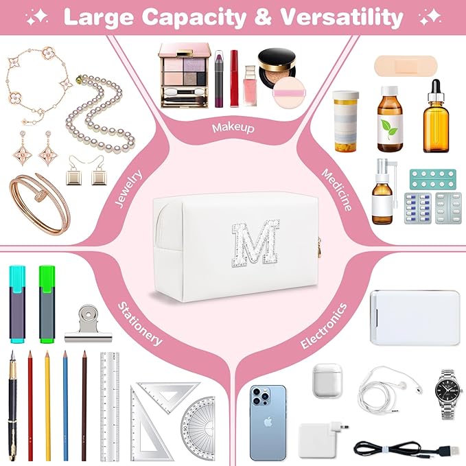 Bride Gifts – Personalized Initial Makeup Bag with Pearl Rhinestone Patch, Preppy White Monogram Cosmetic/Toiletry Pouch, bridesmaid Gifts, Bridal Shower Gifts, Wedding Gifts, Bridal Gifts,M
