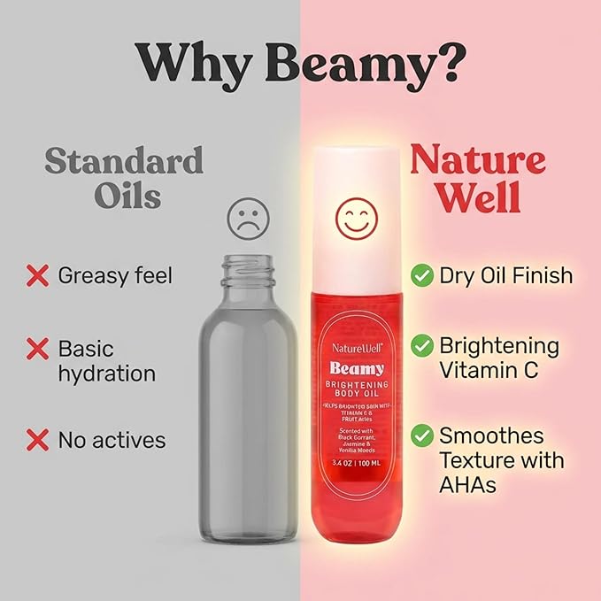 NATURE WELL Beamy Brightening Body Oil, Fast-Absorbing Formula Designed Hydrate, Smooth & Visible Brighten Skin, Scented with Black Currant, Jasmine, and Vanilla Woods, 3.4 Oz