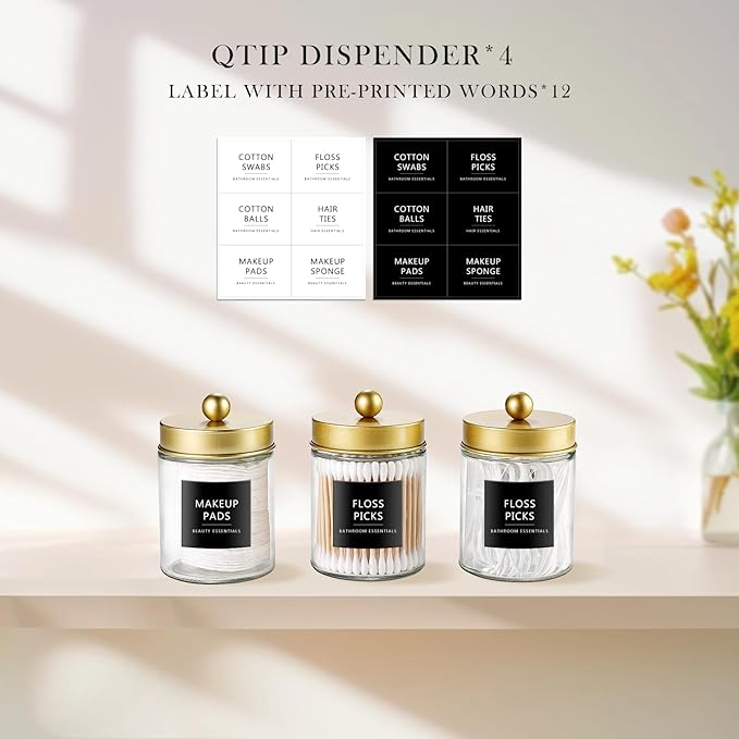 SheeChung Qtip Dispenser Holder 4pcs, Glass Apothecary Jars with Gold Stainless Steel Lids &Stickers, Countertop Canister Guest Bathroom Storage Organizer Set for Cotton Swabs/Balls/Pads, Floss Picks