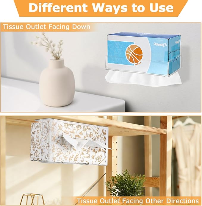 Acrylic Tissue Holder Wall Mounted, Clear Tissue Dispenser with Self Adhesive Hook and Screws, Classic Tissue Box Cover Tissues Organizer for Bathroom Toilet Kitchen Cabinet RV (Rectangular)