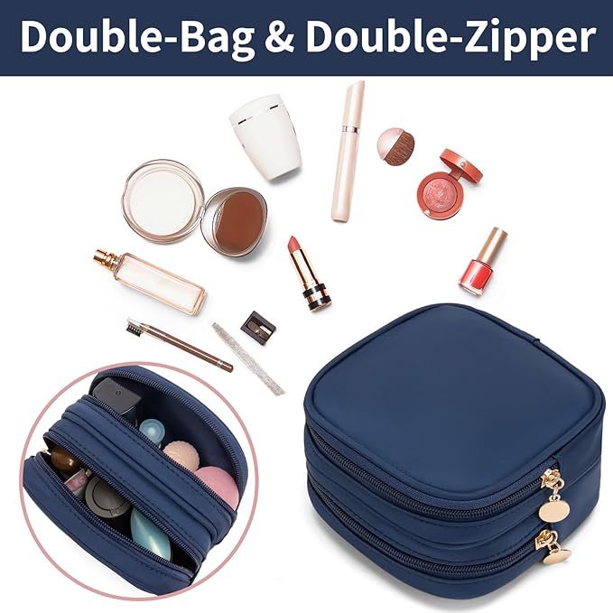Small Makeup Pouch, Double Zipper Cosmetic Bag, Travel Makeup Bag, Cute Makeup Bag for Purse, Mini Toiletry Bag (Sapphire)