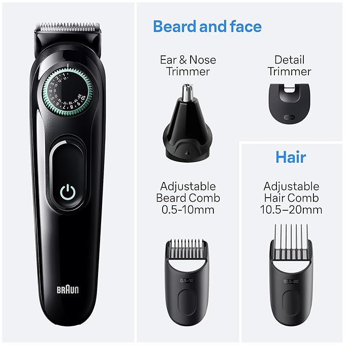 Braun All-In-One Style Kit Series 3 3450, 5-in-1 Trimmer for Men with Beard Trimmer, Ear & Nose Trimmer, Hair Clippers & More, Ultra-Sharp Blade, 40 Length Settings and Washable