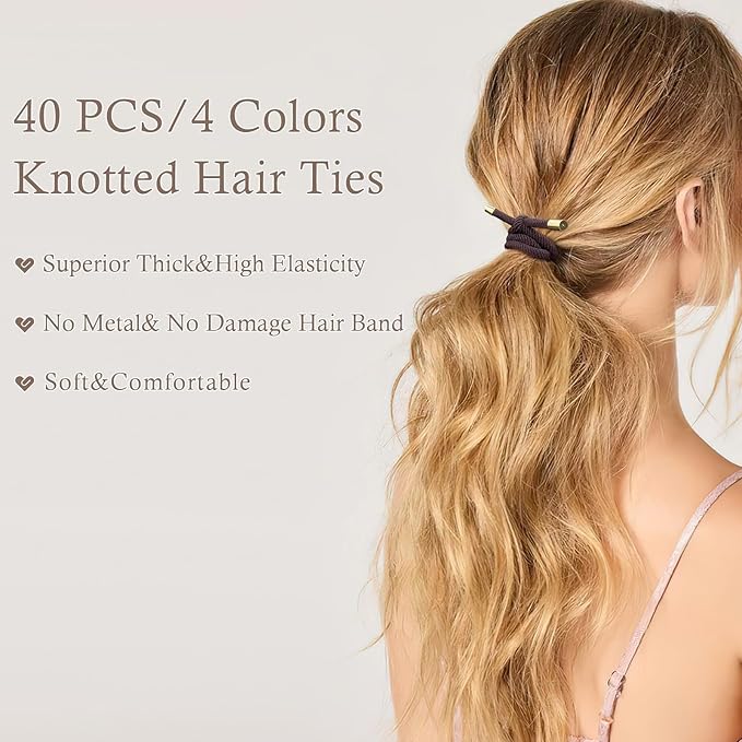 40 PCS Elastics Knotted Hair Ties for Women, Adjustable No Damage Ponytail Holders for Women Girls, 5MM Rubber Bands for Hair, 4 Colors