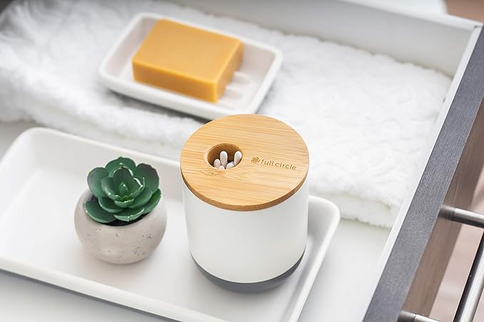 Full Circle Pick Me Up Cotton Swab and Q-Tip Canister, White & Bamboo