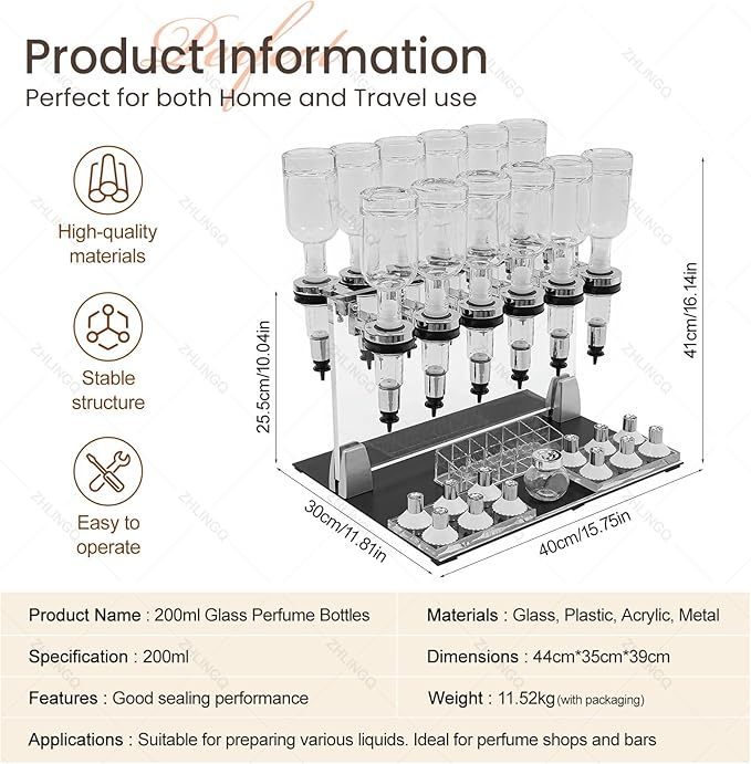 Manual Perfume Dispenser,Precise Flow Control, 12 Pump Heads & 12 Testing Cups, Liquid Filling Machine Transfer Tool Kit, Making It an Ideal Choice for Shops, Bars