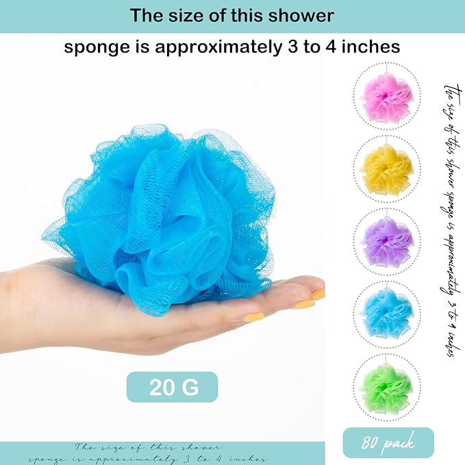 CHENGU 80 Pcs Loofah Bulk Sponge Bath Sponges for Shower Bath Luffa Bulk Pouf Shower Puff Wash Body Pouf Mesh Loofah Exfoliating Body Scrubber for Baby Women Men, 20g (Mixed Colors)