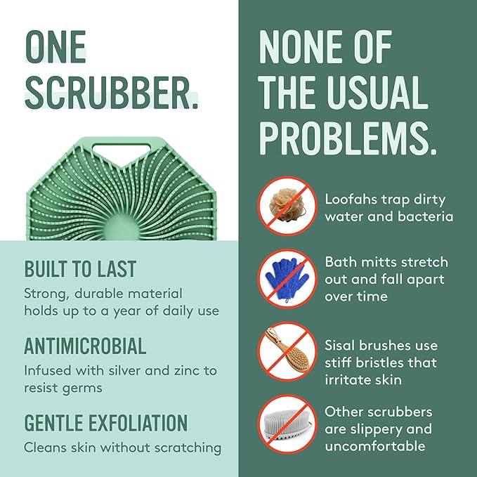 Sud Scrub® Antimicrobial Silicone Body Scrubber, Exfoliating Body Scrubber for Sensitive Skin, Eco Friendly Shower Scrubber for Body, Silicone Body Brush for Showering, Mint
