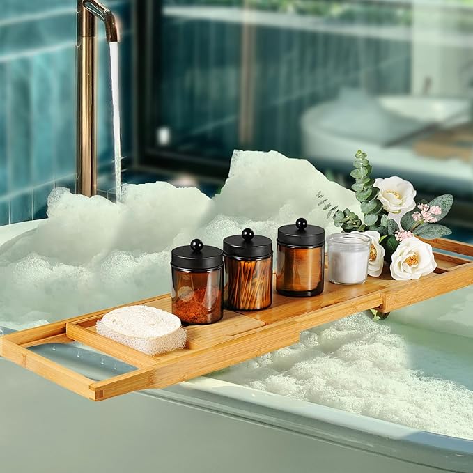 Amolliar Amber Glass Qtip Holder, Apothecary Jars with Matte Black Metal Lid & Stickers-Bathroom Qtip Dispenser Storage Organizer Set,Vanity Counter Canister for Cotton Swabs,Round Pads,Floss (2 Pack)
