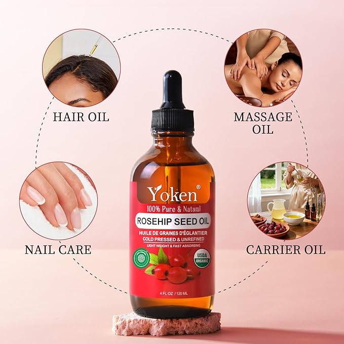Rosehip Seed Oil for Face, 100% Pure and Natural Cold Pressed Unrefined Organic Rosehip Carrier Oil for Skin, Hair, Body & Nails - Lightweight, Fast-Absorbing (4 fl oz)