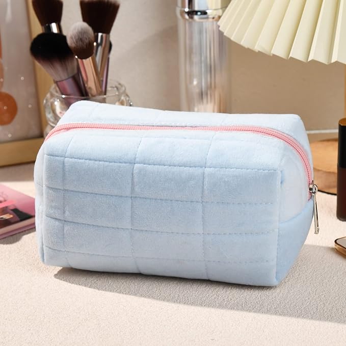 SOIDRAM Makeup Bag Plush Cosmetic Bag Cute Aesthetic Makeup Bag Blue Makeup Pouch Travel Toiletry Bag Organizer Soft Makeup Brushes Accessories Storage Bag for Women