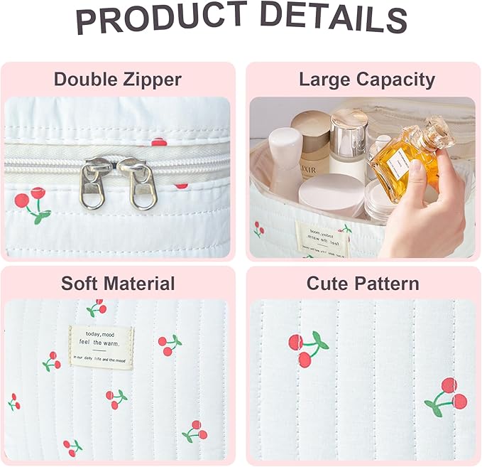 3Pcs Cotton Quilted Makeup Bag Large Travel Cosmetic Bag Coquette Makeup Pouch Cute Aesthetic Floral Toiletry Bag for Women Girls (flower-V)