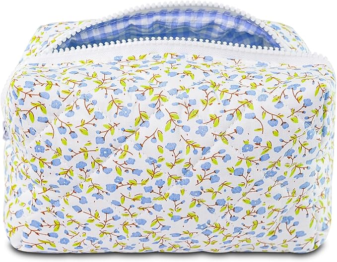 Quilted Makeup Bag Floral Cotton Make up Bag Puffy Coquette Makeup pouch Aesthetic Cute Travel Toiletry Bag for Women Girls