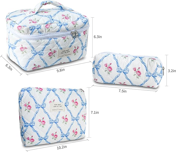 3Pcs Cotton Quilted Makeup Bag Large Travel Cosmetic Bag Coquette Makeup Pouch Cute Aesthetic Floral Toiletry Bag for Women Girls (flower-Q)