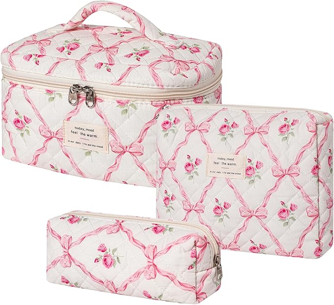 uekeboag 3Pcs Quilted Cotton Makeup Bag,Coquette Quilted Toiletry Bag for Women and Girls,Floral Coquette Pouch,Cute Kawaii Travel Cosmetic Bags(3Pcs Pink Bow)