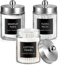 SheeChung 3-Pack Brushed Nickel Glass Apothecary Jars - Rust-Proof Stainless Steel Qtip Holder Set - Farmhouse Bathroom Vanity Organizer for Cotton Swabs, Balls, Pads - Small Storage Canisters