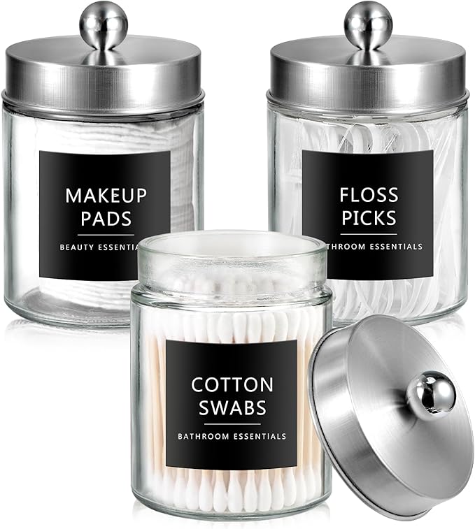 SheeChung 3-Pack Brushed Nickel Glass Apothecary Jars - Rust-Proof Stainless Steel Qtip Holder Set - Farmhouse Bathroom Vanity Organizer for Cotton Swabs, Balls, Pads - Small Storage Canisters