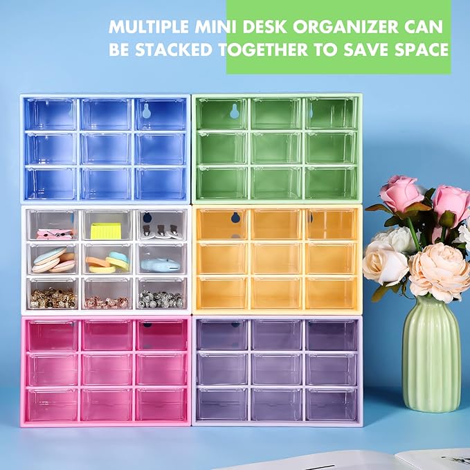 Amyhill 6 Pcs Mini Drawer Organizer Small Organizer with 9 Drawers Plastic Desktop Craft Storage Box for Office Home Room Jewelry Cosmetics Collection(Multicolored)