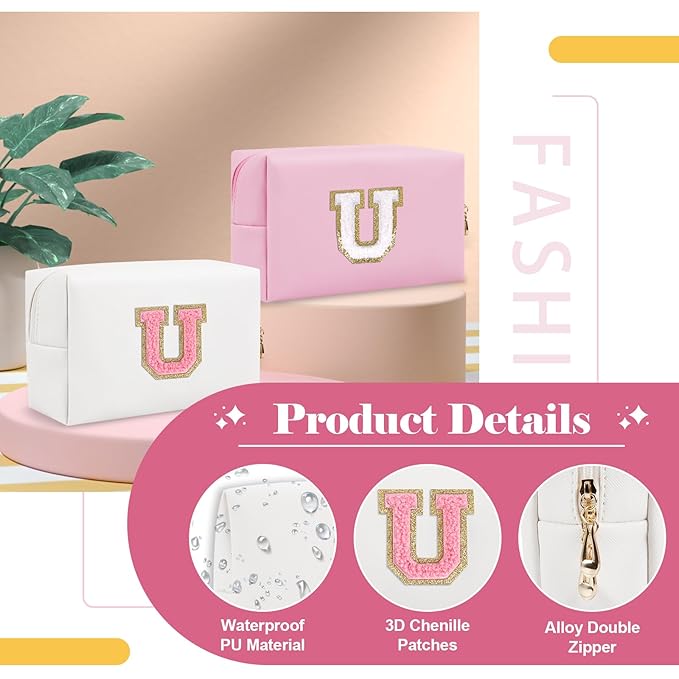 Personalized Makeup Bag Initial A-Z Preppy Patch Bag,Small PU Leather Travel Cosmetic Bag Pouch with Zipper,White Cute Toiletry Bag,Gift Ideal for Teen Girls Women Birthday Friend Mom,Letter U