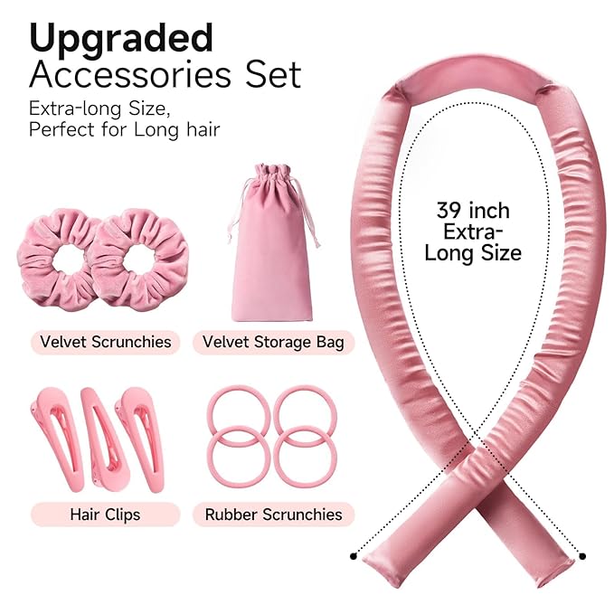 Umisleep 22 Momme Mulberry Silk Heatless Curls Overnight, Heatless Hair Curler to Sleep In, for Women Long Hair, Hair Care Roller Gift Set, Upgraded Soft with Clips & Scrunchies, Pink