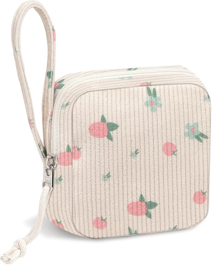 Small Makeup Bag | Discreet Period Bag Pad Pouch for Purse| Sanitary Napkin Storage & Tampon Holder for Travel(Cute strawberries pink)