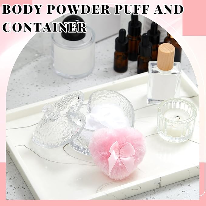 Tioncy 3 Pcs Large Body Powder Puff and Container Valentine's Day gift Powder Container with Puff Crystal Case Soft Washable Reusable Velour Face Body Glitter Wet Dry Makeup(Hammered Heart,Clear)