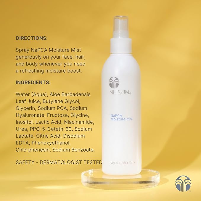 Nu Skin NaPCA Moisture Mist | Revitalizing Moisturizer & Cooling Mist with Hyaluronic Acid | Hydrating Spray for Face, Body & Hair | Sodium PCA for All Skin Types | 8.4 fl. oz. | 1 Pack