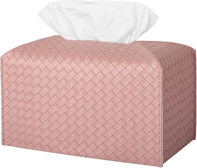 Tissue Box Cover PU Leather Tissue Holder Square Facial Tissue Case Facial Paper Organizer Dispenser for Bathroom, Vanity Countertop, Tabletop, Car, Rectangle, Pink