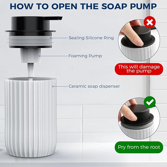 Ceramic Foaming Hand Soap Dispenser，12 oz Bathroom Soap Dispensers， Lotion Dispenser for Kitchen, Refillable Matte Streaks Soap Dispenser with Large Pump (White)