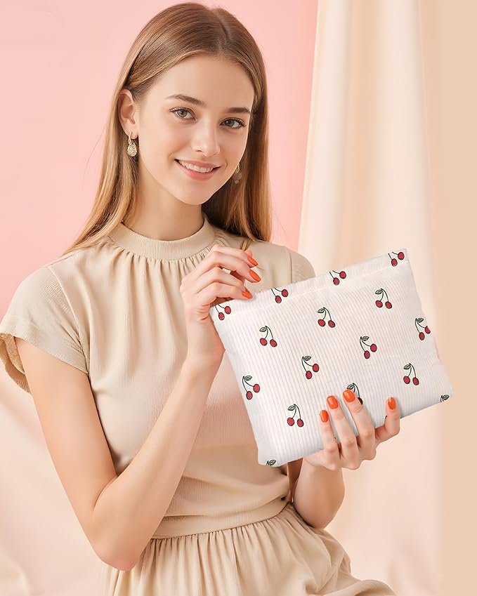Cute Red Cherry Makeup Pouch for Women Small Make Up Beige Cherries Pattern Bag for Purse Zipper Initial Makeup Cosmetic Bags Pouches for Purse Aesthetic Travel Toiletry Bags