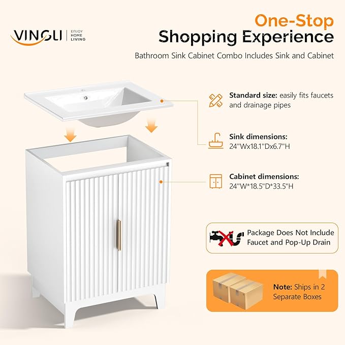VINGLI 24 Inch Bathroom Vanity with Sink, Pure White Mid Century Modern Fluted Vanity Cabinet with Ceramic Basin, Small Free Standing Combo for Powder Room, Soft Close Doors, Gold Handles