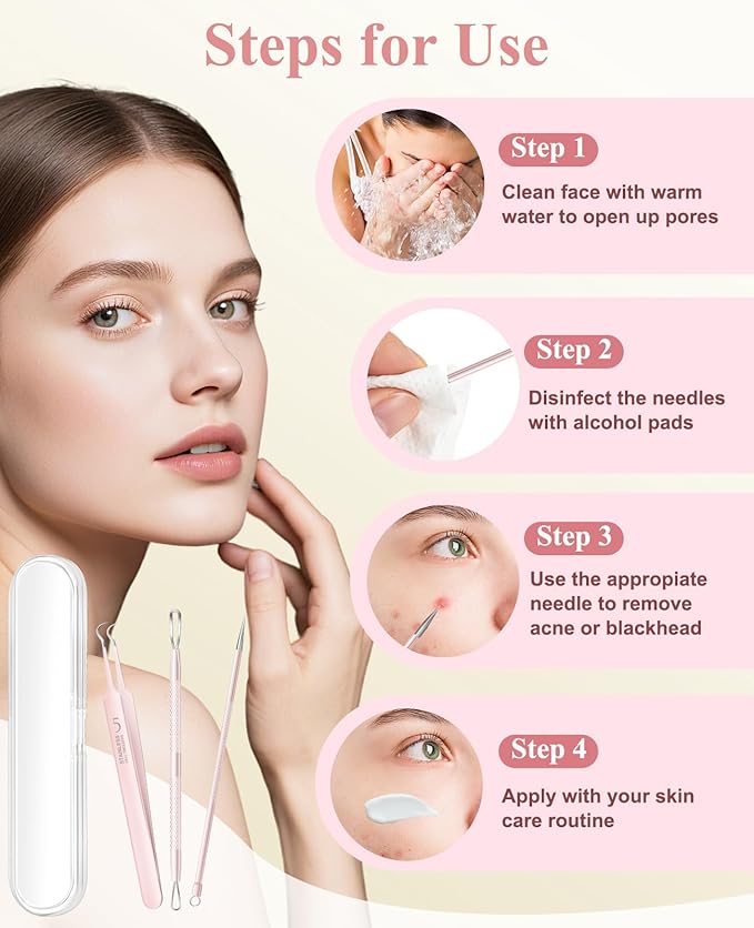 3PCS Pimple Extractor Acne Treatment Tool Professional Stainless Blackhead Comedone Removal Popper Tool for Face Nose Blackhead Extractor Tool (Pink)