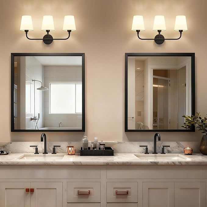 Bathroom Vanity Light, Matte Black Bathroom Light Fixtures, 3-Light Lighting Fixtures Over Mirror, Modern Wall Sconce with Flared White Fabric Shade, E26 Socket(ETL Listed)
