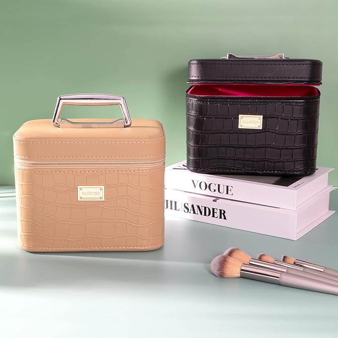 Fashion makeup box, Portable leather hard cosmetic case with mirror, Professional train case make up box for women adults. (Beige)