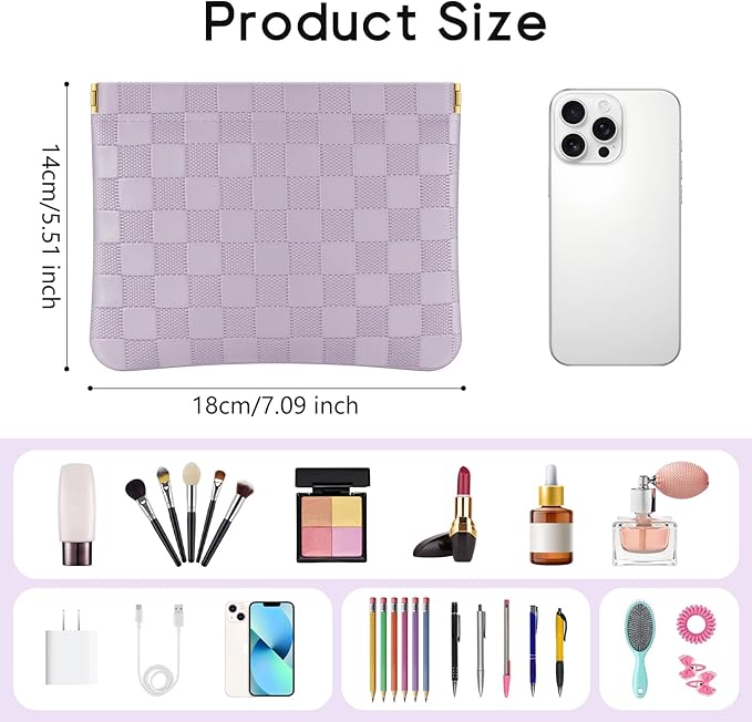 Sightor 2PCS Pocket Cosmetic Bag for Purse, Checkered Makeup Bag Portable Leather Cosmetic Bag for Women, Coin Purse Lipstick Cosmetic Accessories Organizer Travel Cosmetic Pouch (Pink, Purple, L)