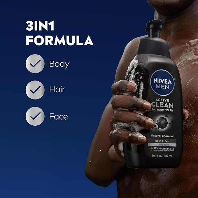 NIVEA MEN Active Clean Body Wash with Natural Charcoal for Normal to Oily Skin,3-in-1 Charcoal Body Wash,Face and Hair,Draws Out Dirt and Impurities,30 Fl Oz Bottle,(Pack of 2)
