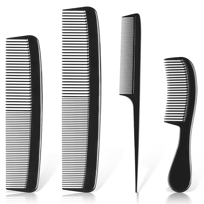 4 Piece Professional Black Comb Set for Men and Women-Fine Tooth, Rat Tail, Beard and Mustache Combs-Parting and Teasing Tools for All Hair Types